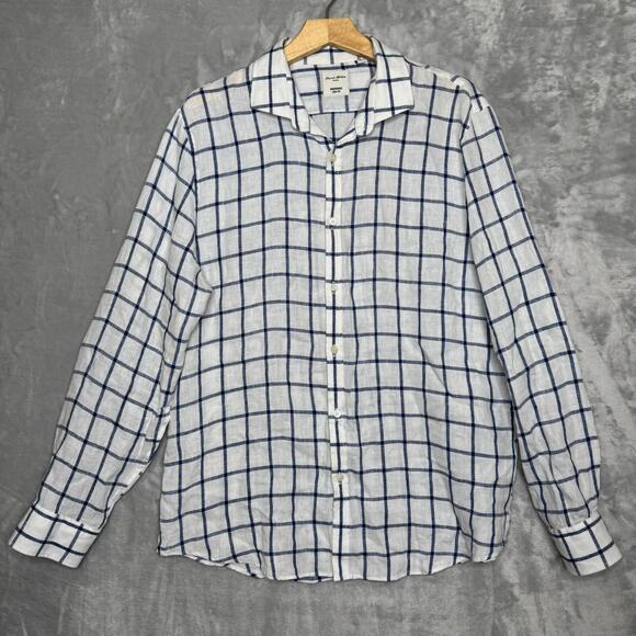Baird McNutt Linen Shirt Mens Murano Slim Fit XL White Blue Windowpane Plaid - Picture 1 of 12